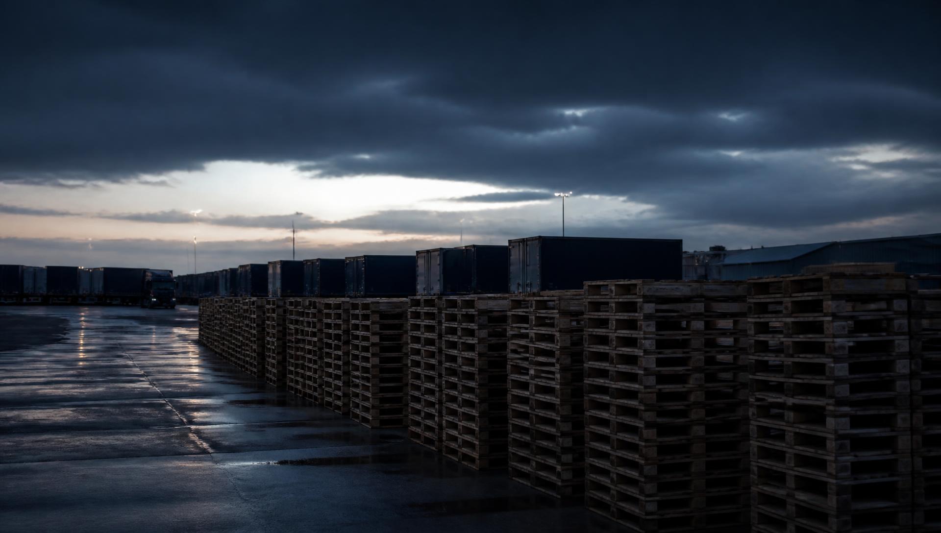 Stacked wooden pallets and trailers in a logistics yard