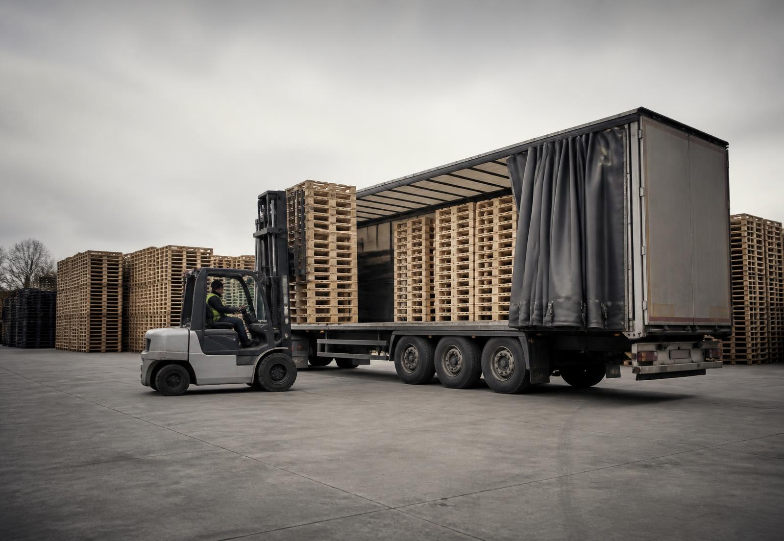 Forklift loading stacks of wooden pallets onto a curtain-side trailer in a pallet yard